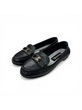 Chanel Flat Shoes Leather Black Gold CC Logo Chain